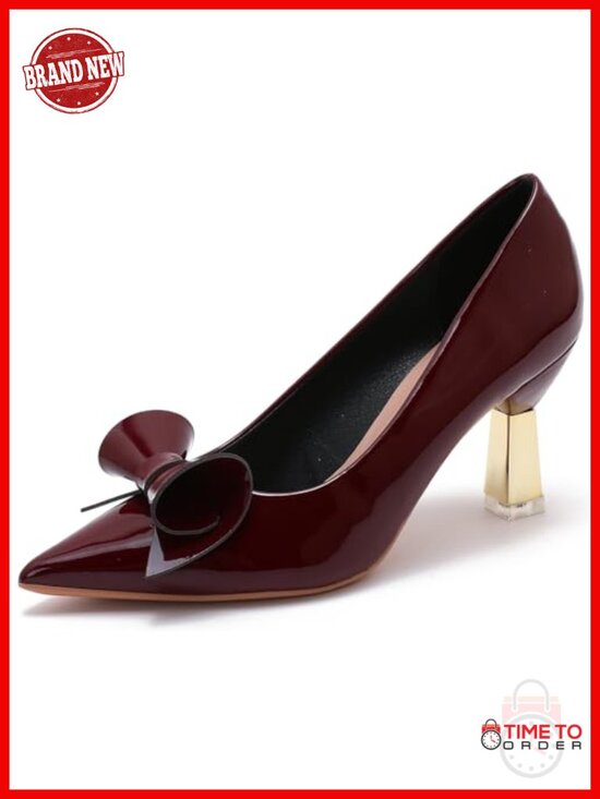 Shoes - Womens Pointed Toe Block Heel Pumps 3 Inch Bow Office Wedding Dress Shoes